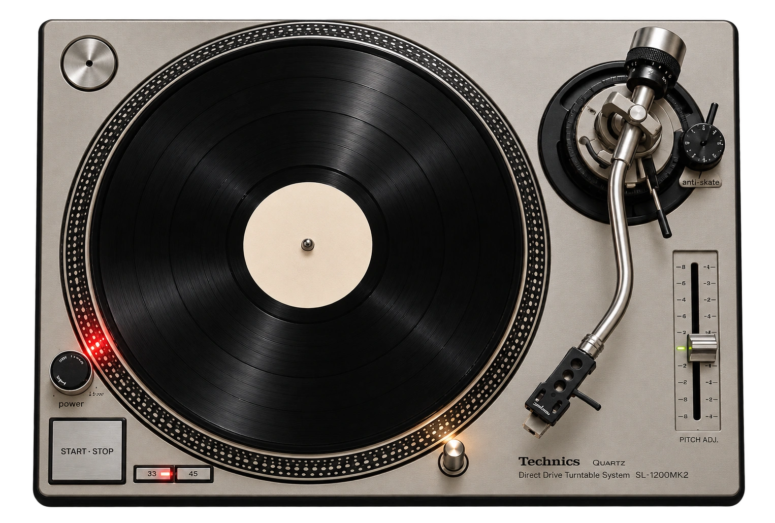 Silver direct-drive turntable with S-shaped tonearm and strobe-dot platter